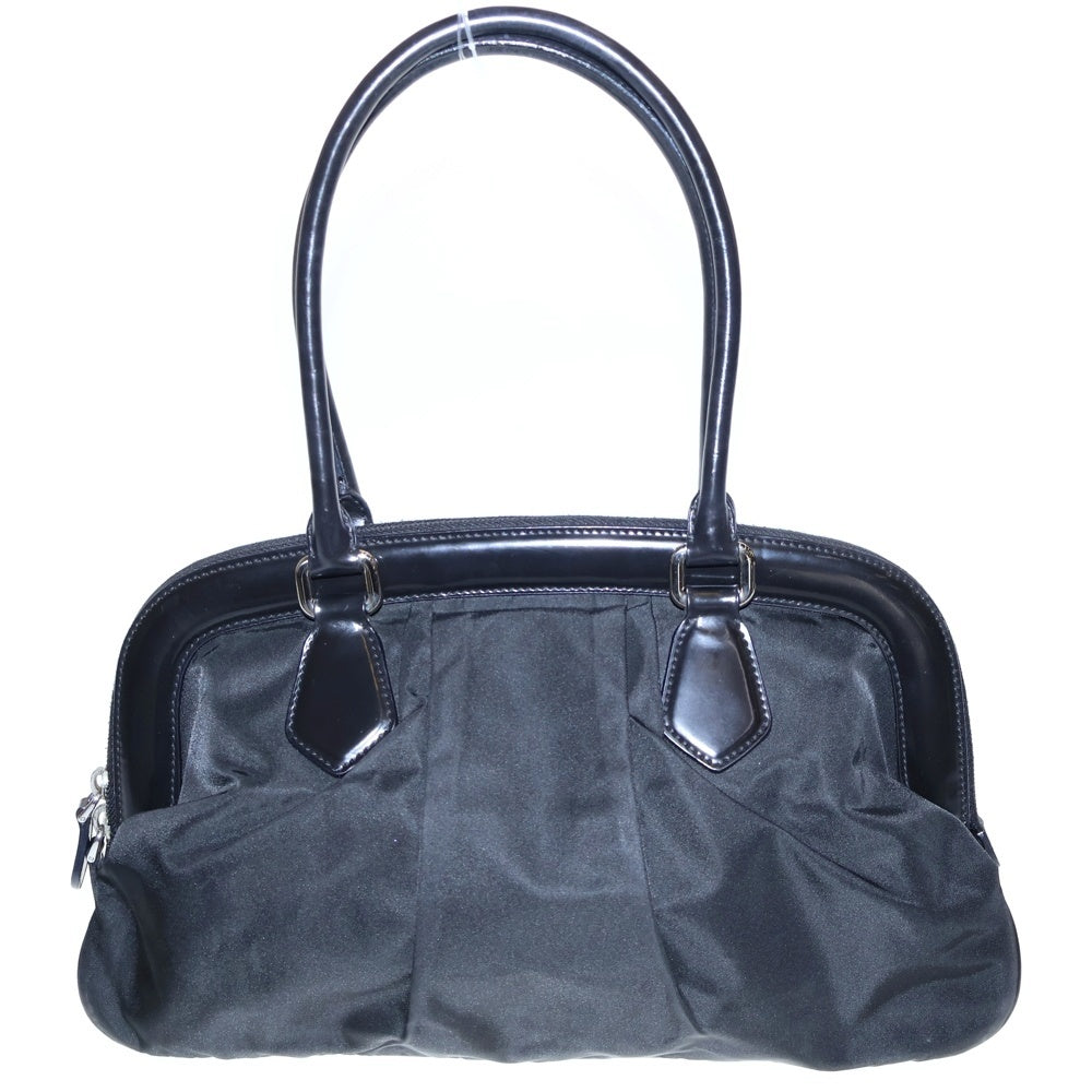 PRADA(プラダ) ナイロンロゴ三角プレート ハンドバッグ ブラック ナイロン×レザー シルバー金具