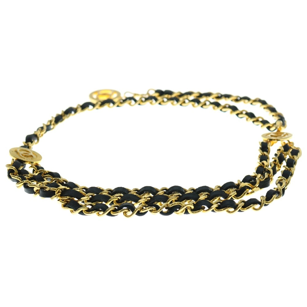 CHANEL(シャネル) ココマーク ロゴプレート 3連 レザー チェーン ベルト ブラック/ゴールド