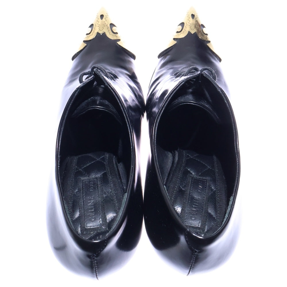 CELINE(セリーヌ) ポインテッドトゥ メタルキャップ タッセル レザー レースアップ ヒール パンプス シューズ ゴールド金具 ブラック レディース