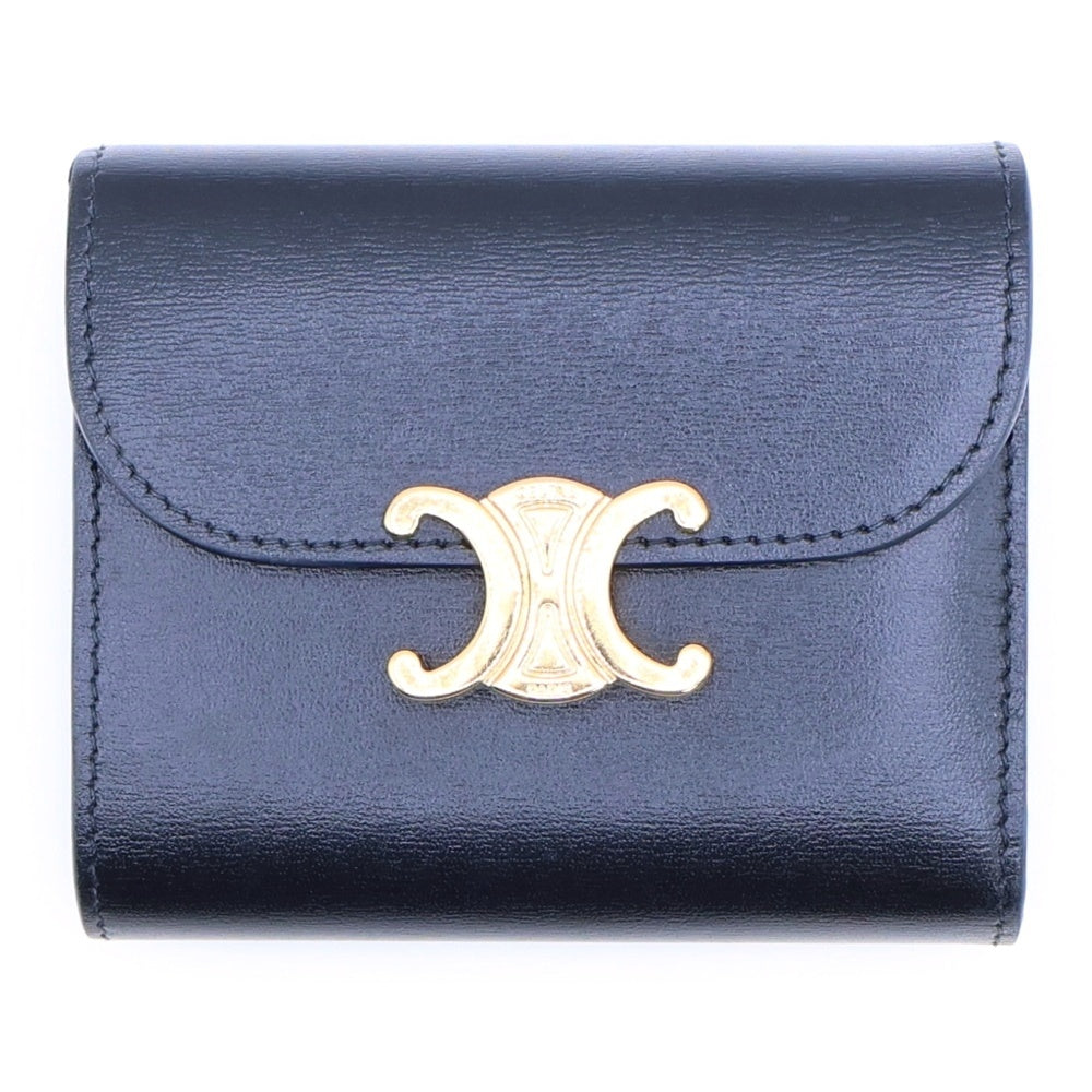 CELINE(セリーヌ) トリオンフ コンパクトウォレット 二つ折り財布 コインケース カーフスキン ブラック ゴールド金具
