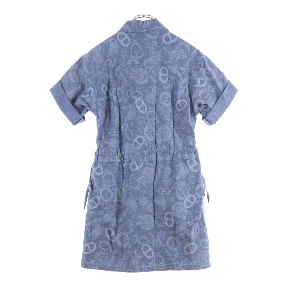 HERMES(エルメス) 25AW キャンディ リブリス 総柄 ワッペン ジップアップ 半袖 ミニ ワンピース ドレス インディゴ/ブルー レディース 5H0555DH