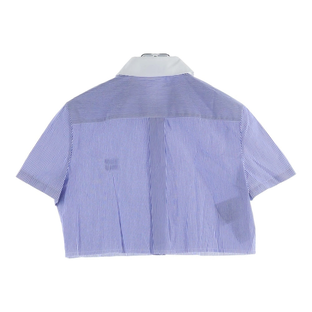 miumiu(ミュウミュウ) 23SS ロゴ刺繍 ストライプ総柄 クロップド ショート丈 半袖シャツ ブルー/ホワイト レディース MK1832