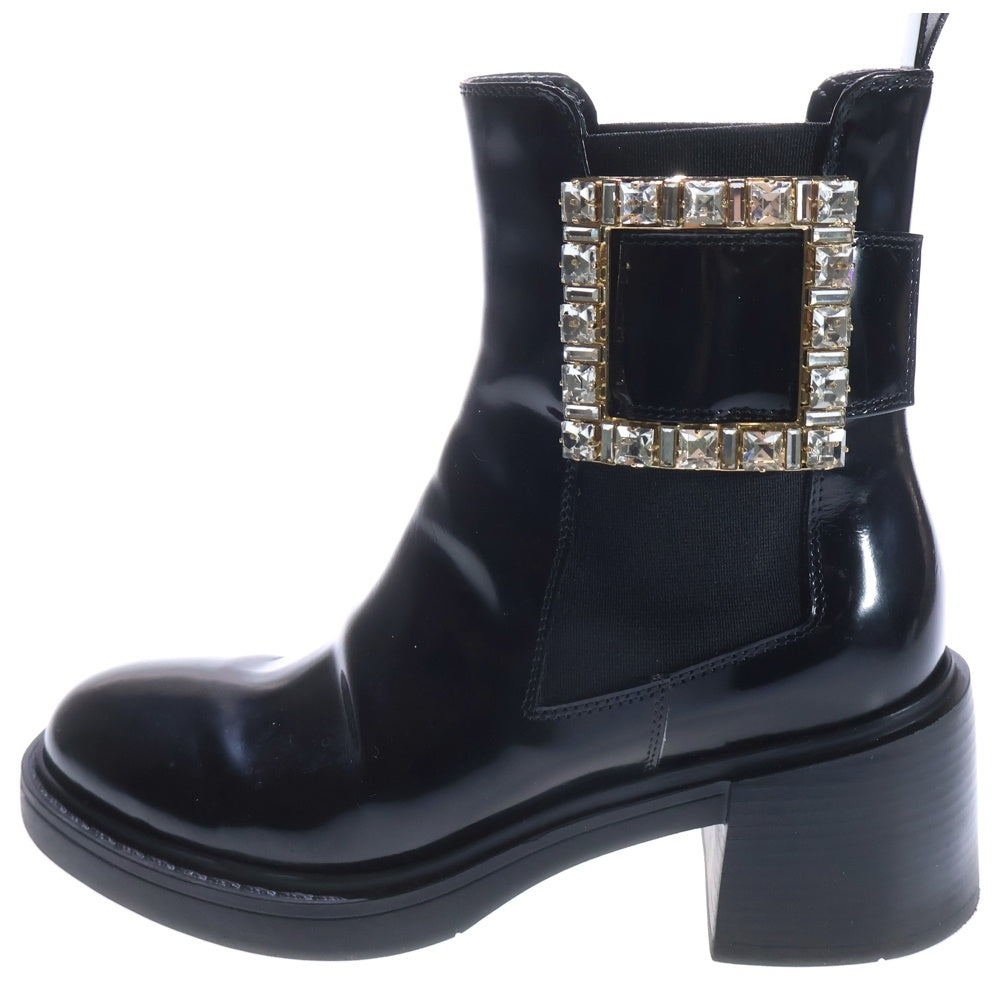 Roger Vivier(ロジェヴィヴィエ) ヴィヴレンジャー ストラスバックル パテントレザー サイドゴア チェルシー アンクル ショートブーツ シューズ ゴールド金具 ブラック レディース