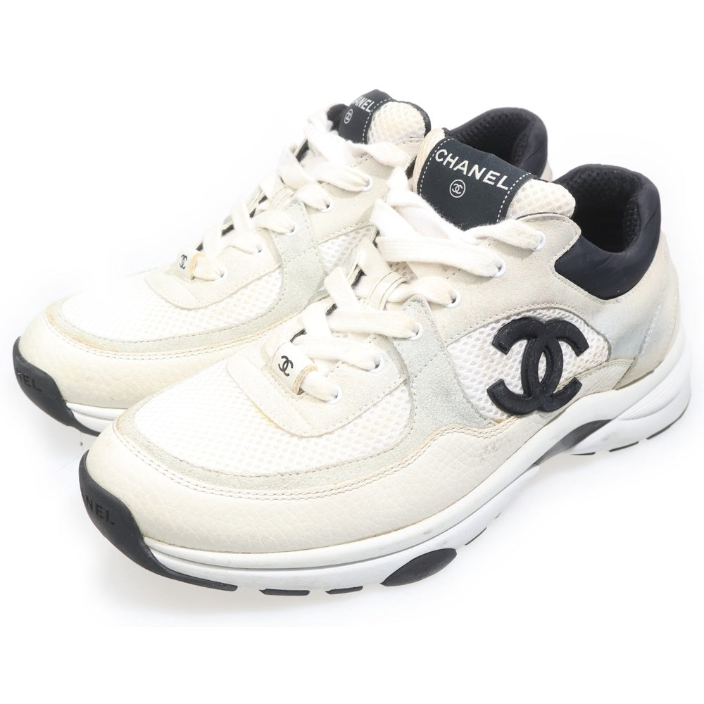 CHANEL(シャネル) ココマーク スエードレザー メッシュ レースアップ ローカットシューズ スニーカー ホワイト G38301