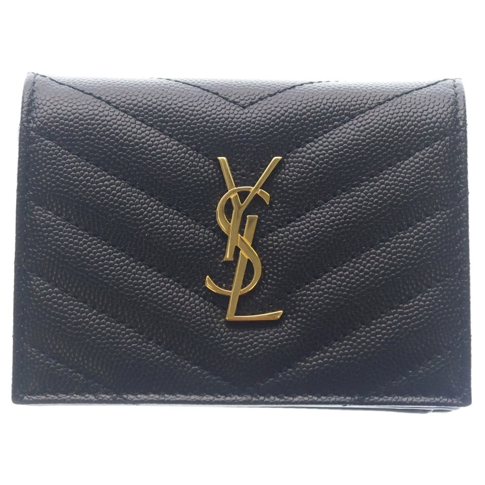 YVES SAINT LAURENT(イヴサンローラン) Vステッチ 二つ折り財布 コンパクトウォレット コインケース ブラック レザー 668290 ゴールド金具 レディース