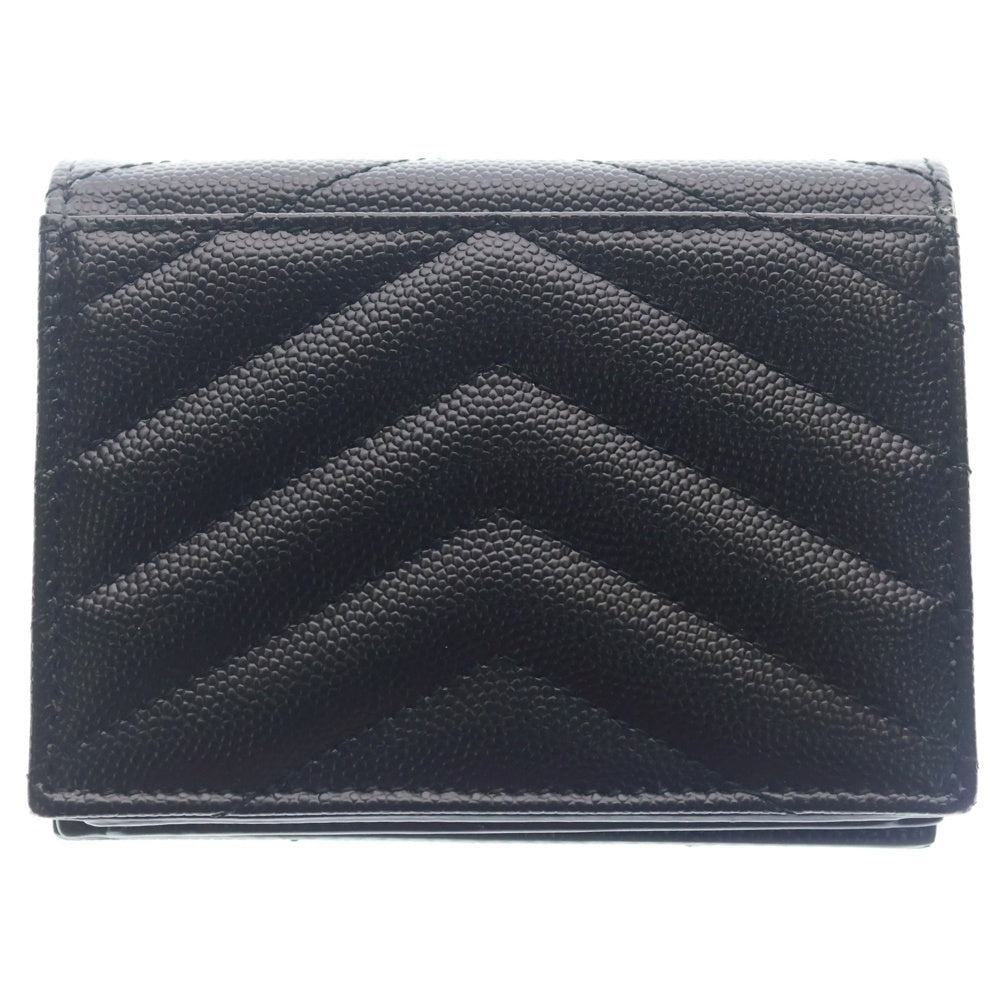 YVES SAINT LAURENT(イヴサンローラン) Vステッチ 二つ折り財布 コンパクトウォレット コインケース ブラック レザー 668290 ゴールド金具 レディース