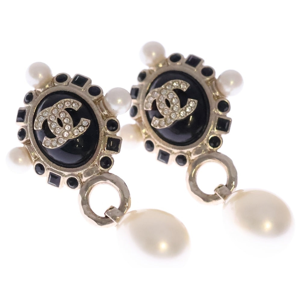CHANEL(シャネル) ココマーク ラインストーン ピアス ブラック×ゴールド レディース