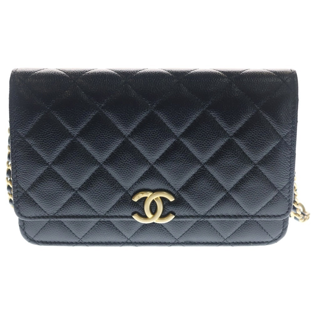 CHANEL(シャネル) マトラッセ チェーンウォレット キャビアスキン レザー ショルダーバッグ ゴールド金具 ブラック プレート レディース