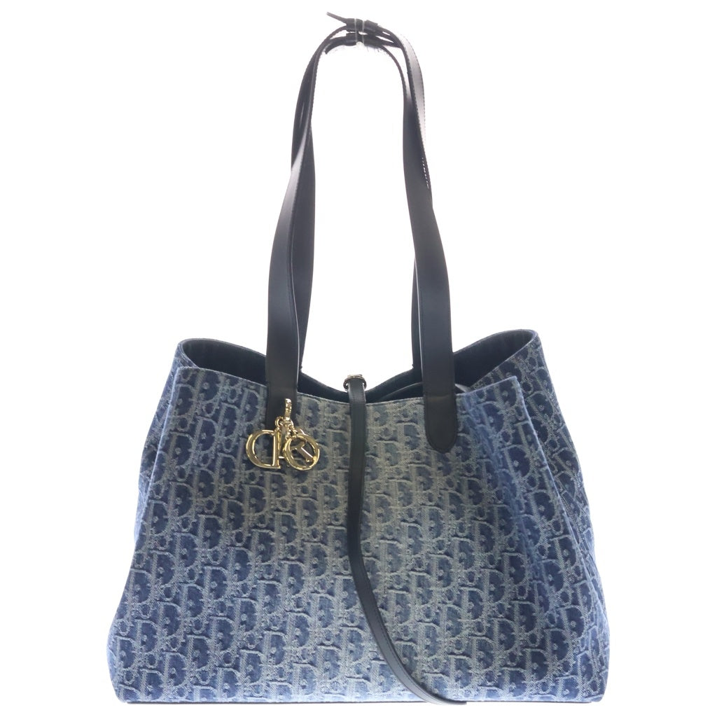 Christian Dior(クリスチャンディオール) トゥジュール ミディアム デニム×レザー トートバッグ ゴールド金具 ブルー レディース