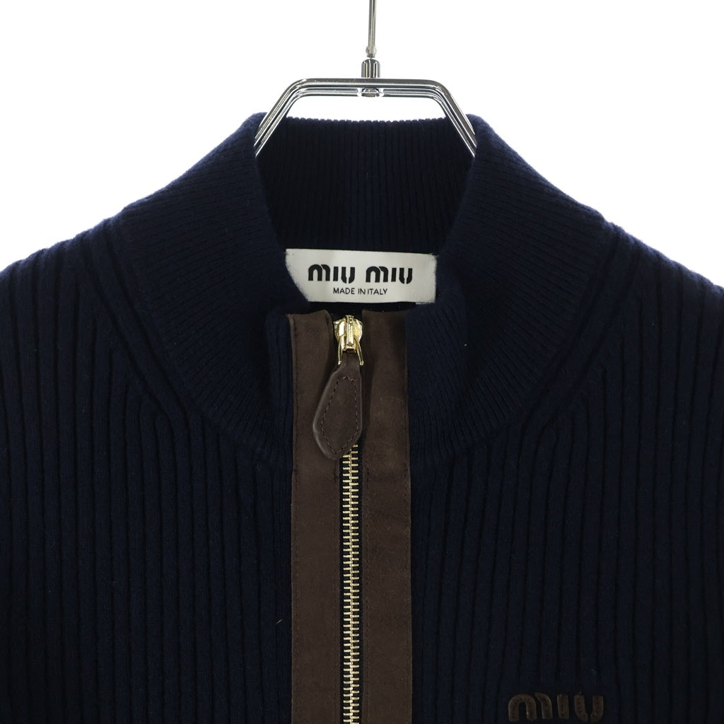 miumiu(ミュウミュウ) カシミヤ ジッパーカーディガン ニット レザー切り替え フロントロゴ ネイビー MMF992