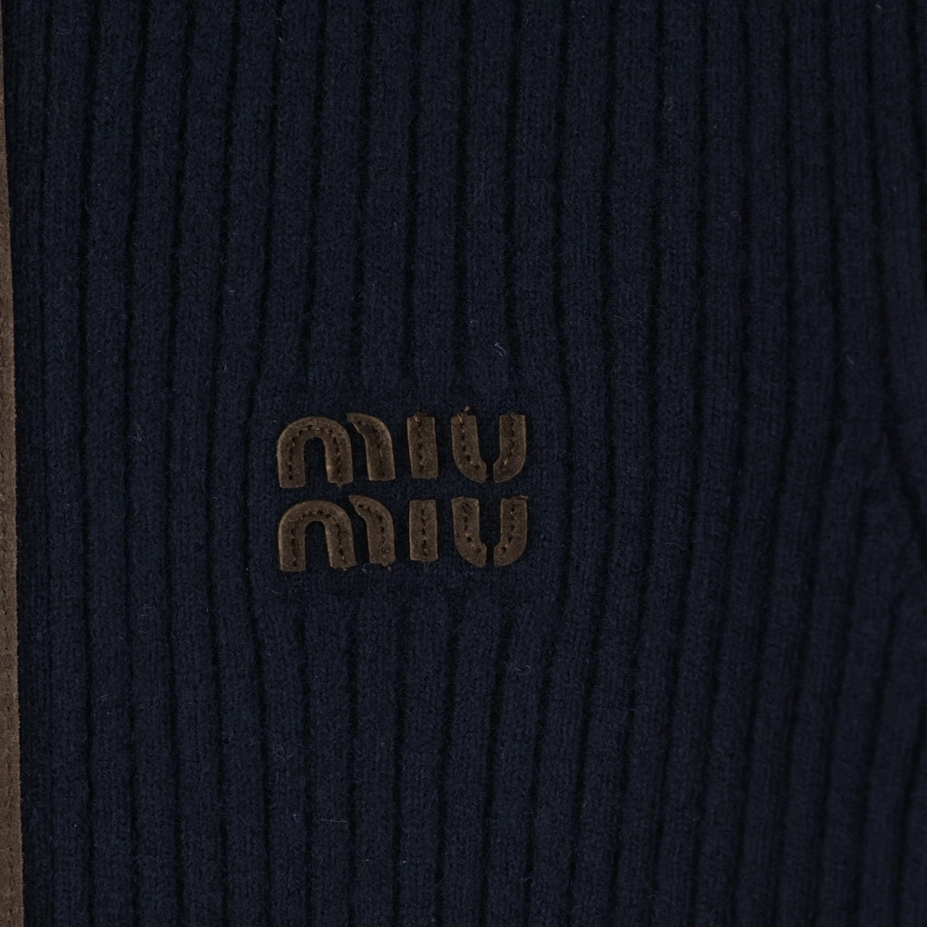 miumiu(ミュウミュウ) カシミヤ ジッパーカーディガン ニット レザー切り替え フロントロゴ ネイビー MMF992