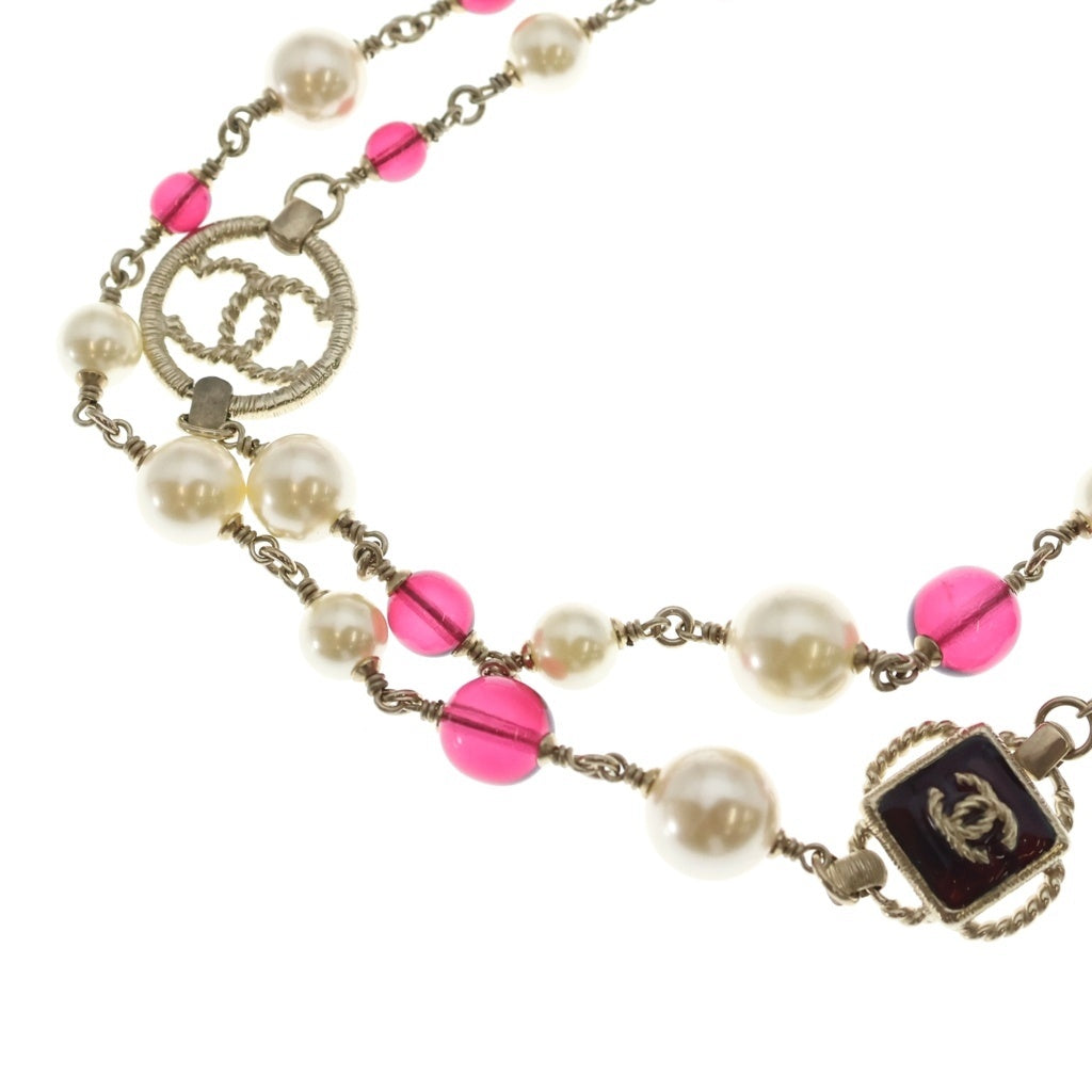 CHANEL(シャネル) ココマーク 2連 パール ビーズ ネックレス ペンダント ホワイト×ゴールド×ピンク レディース