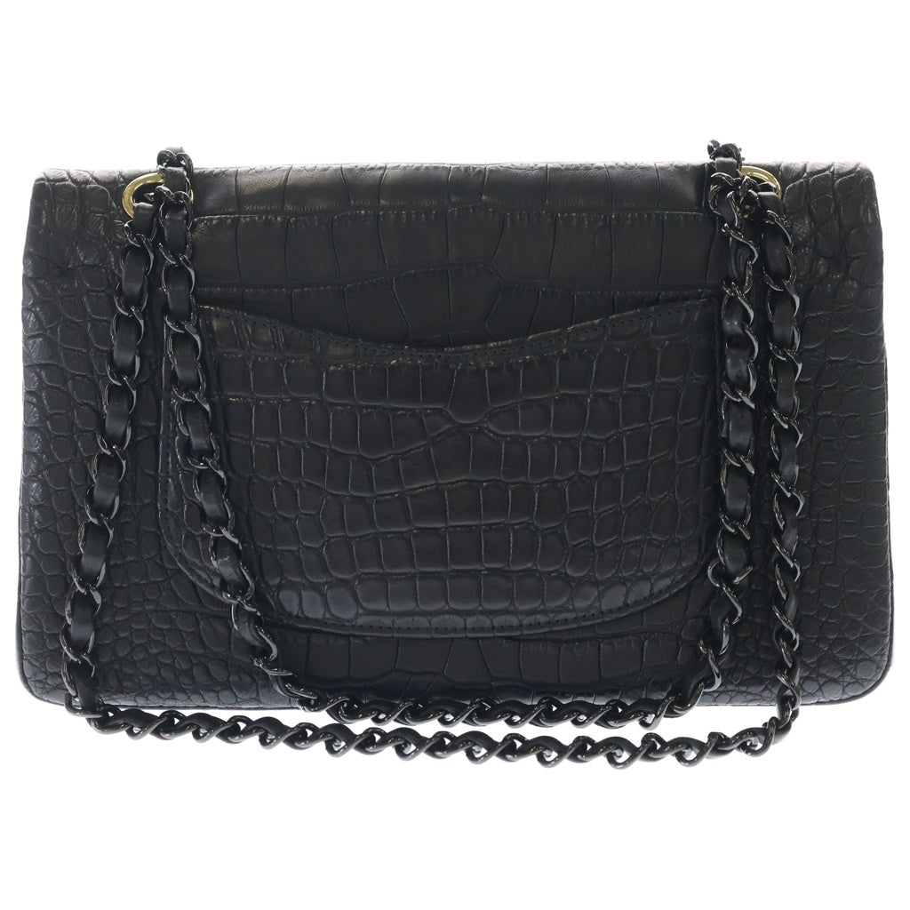 CHANEL(シャネル) マトラッセ25 ダブルフラップ ダブルチェーン ショルダーバッグ クロコダイル 黒 ゴールド金具×ブラック金具 レディース