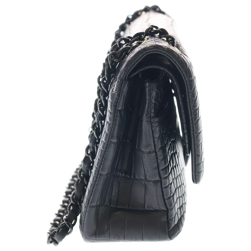 CHANEL(シャネル) マトラッセ25 ダブルフラップ ダブルチェーン ショルダーバッグ クロコダイル 黒 ゴールド金具×ブラック金具 レディース