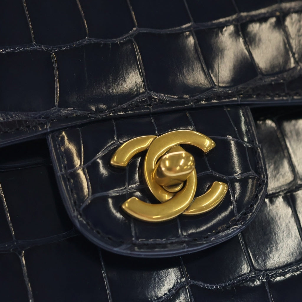 CHANEL(シャネル) マトラッセ25 ダブルフラップ ダブルチェーン ショルダーバッグ クロコダイル ネイビー ゴールド金具 レディース