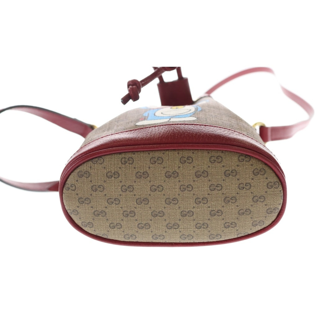 GUCCI(グッチ) ドラえもんコラボ ミニバケットバッグ ミニGGスプリーム ショルダーバッグ ブラウン×レッド レザー 647801 ゴールド金具 レディース