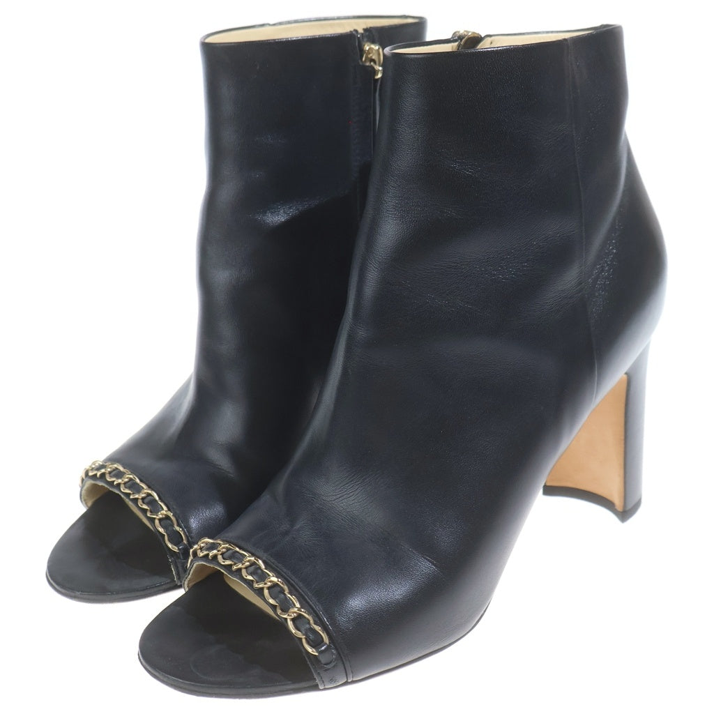 CHANEL(シャネル) ブラックレザー・オープン・トゥ・ウェッジブーツ #38C レディース