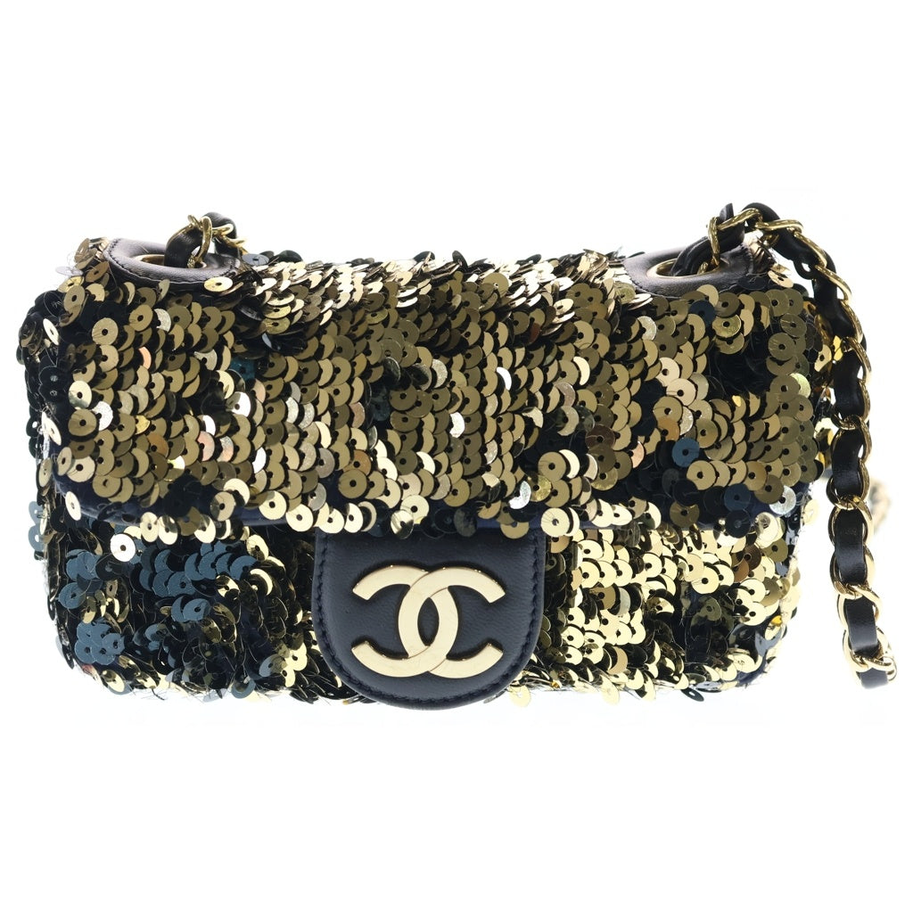 CHANEL(シャネル) スパンコール チェーンショルダーバッグ フラップバッグ ココマーク レザー ゴールド金具 ゴールド/ブラック 12番台 レディース