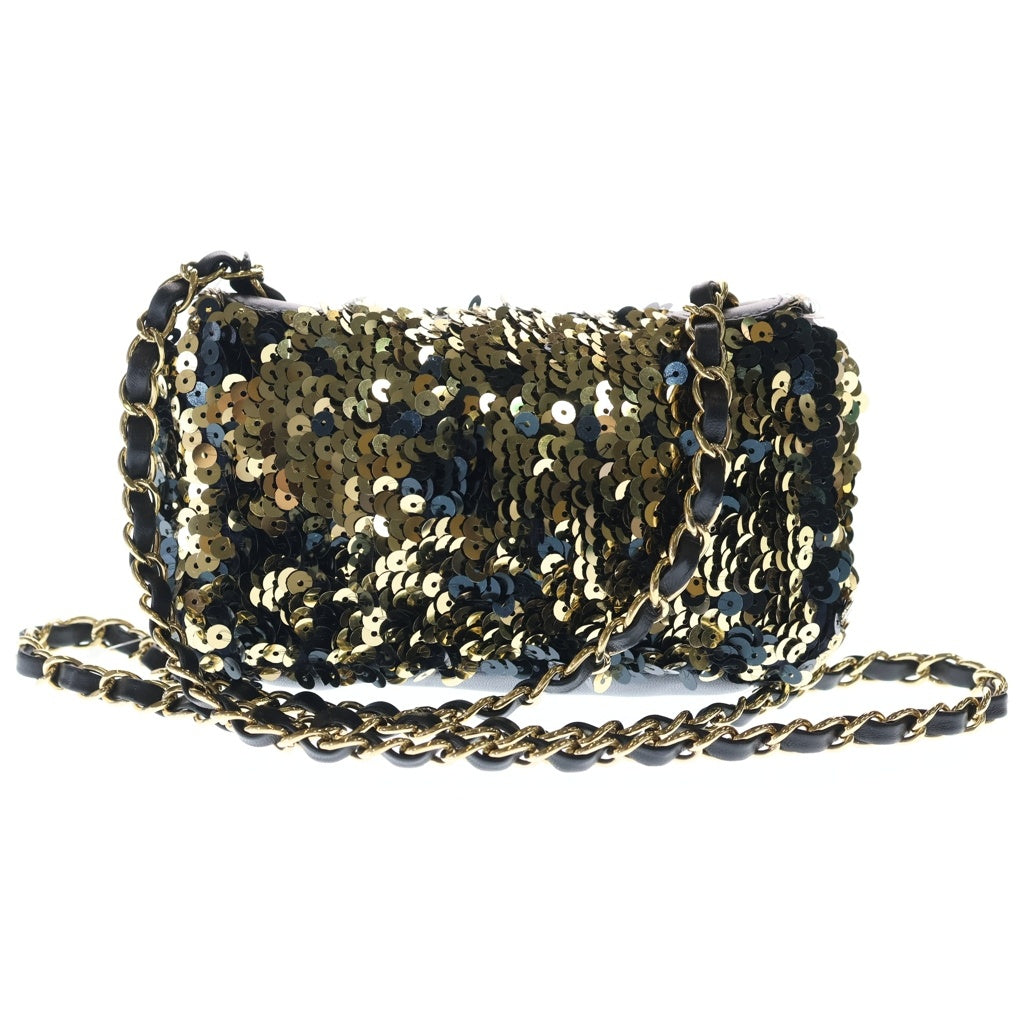 CHANEL(シャネル) スパンコール チェーンショルダーバッグ フラップバッグ ココマーク レザー ゴールド金具 ゴールド/ブラック 12番台 レディース