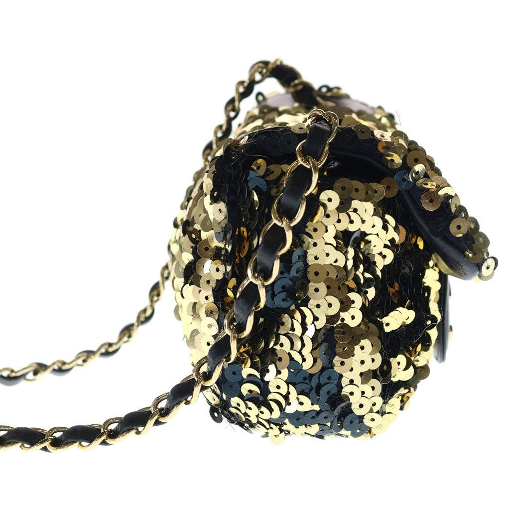 CHANEL(シャネル) スパンコール チェーンショルダーバッグ フラップバッグ ココマーク レザー ゴールド金具 ゴールド/ブラック 12番台 レディース
