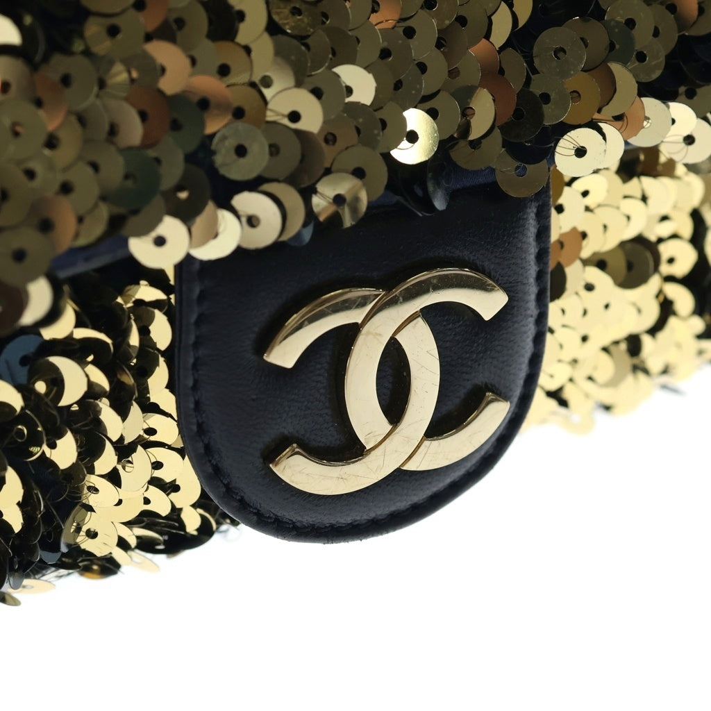 CHANEL(シャネル) スパンコール チェーンショルダーバッグ フラップバッグ ココマーク レザー ゴールド金具 ゴールド/ブラック 12番台 レディース