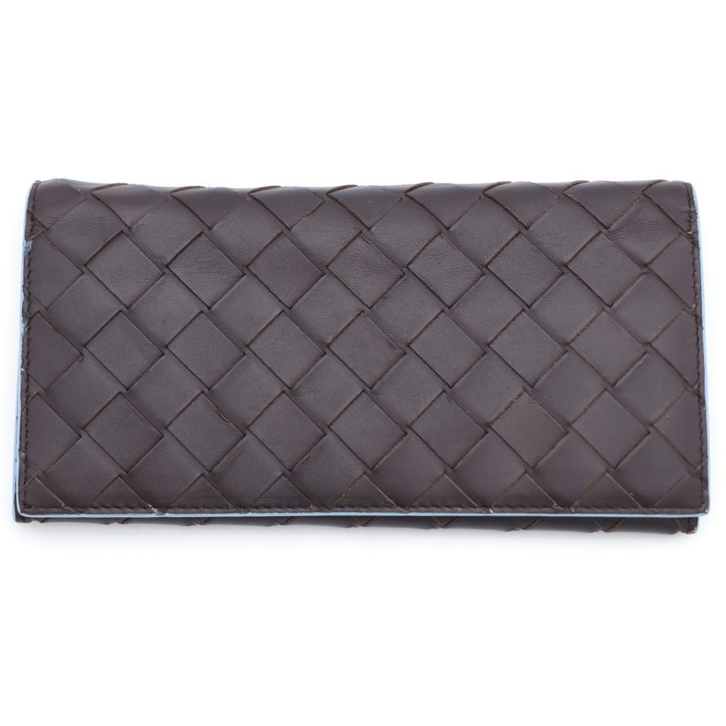 BOTTEGA VENETA(ボッテガヴェネタ) イントレチャート ロングウォレット 長財布 カードケース ブラウン×ライトブルー レザー