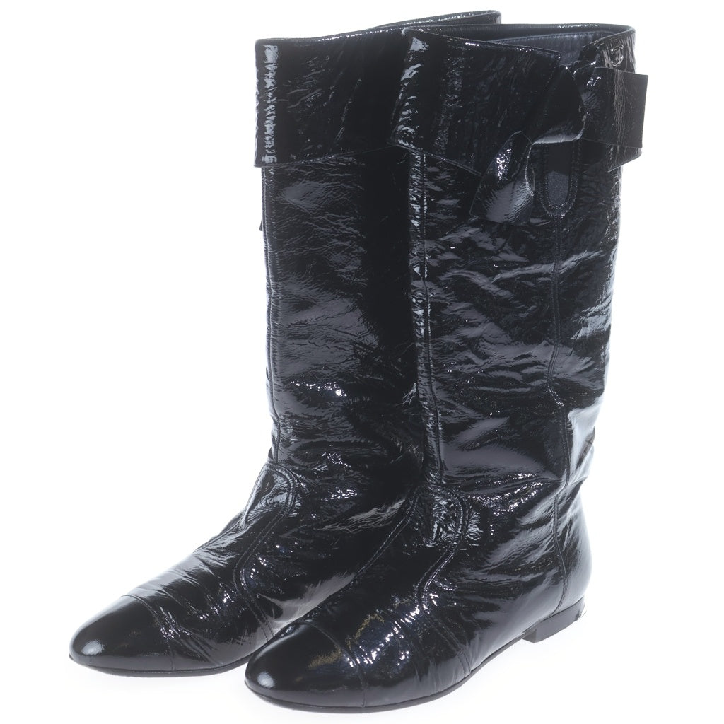 CHANEL(シャネル) ココマーク レザー シルバー金具 ロングブーツ シューズ #37 1/2C ブラック レディース