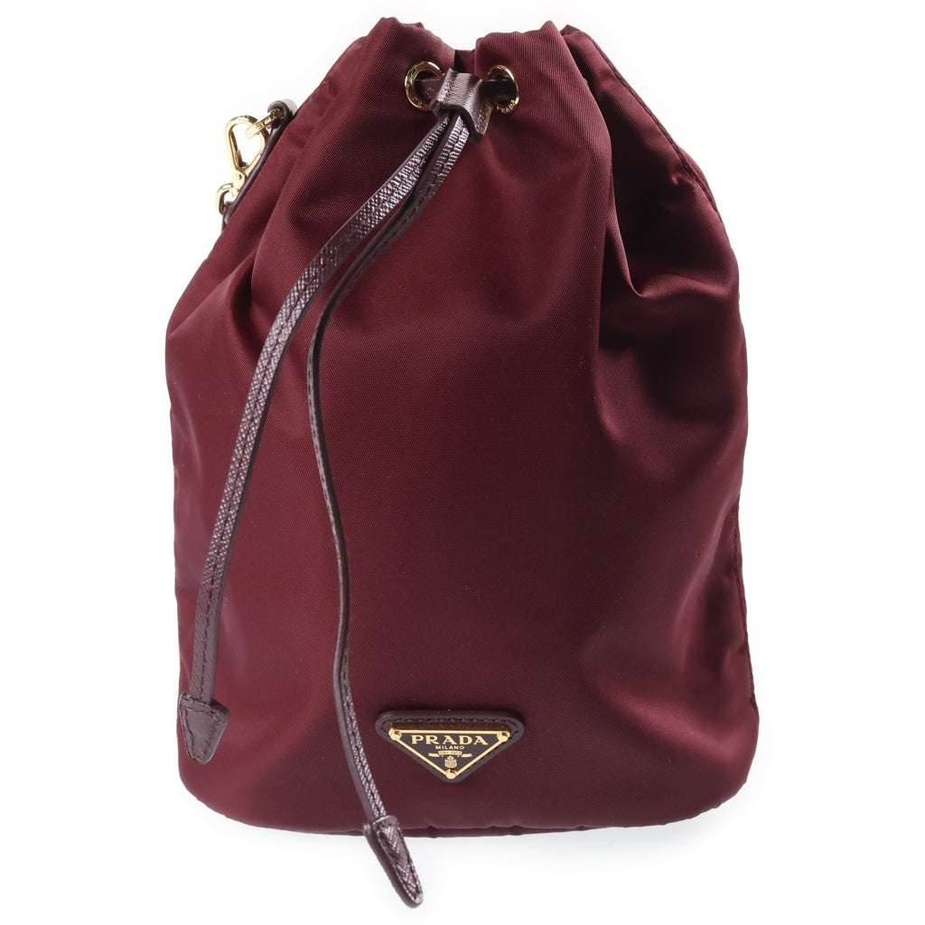 PRADA(プラダ) Re-Nylon トライアングルロゴ 巾着ポーチ ミニバッグ ボルドー ワインレッド レザー×ナイロン 1NS369 ゴールド金具 レディース