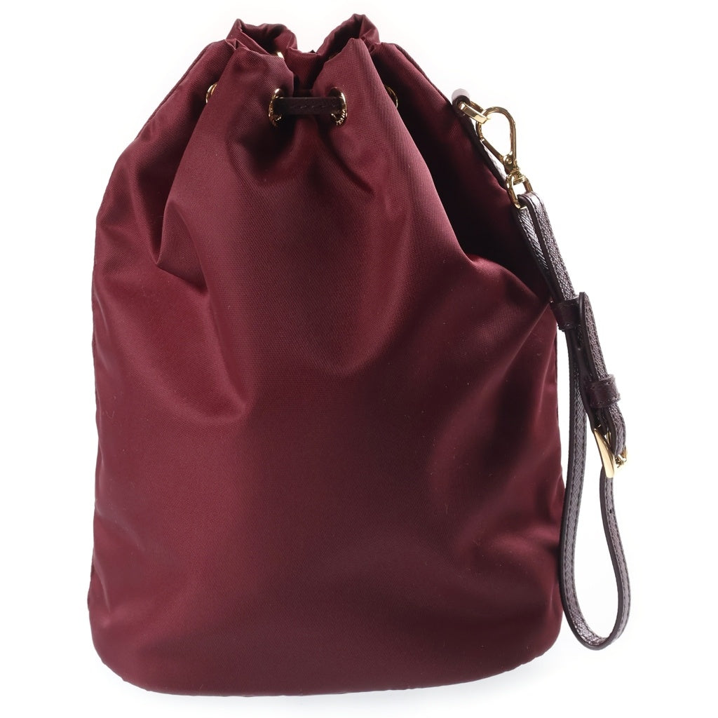 PRADA(プラダ) Re-Nylon トライアングルロゴ 巾着ポーチ ミニバッグ ボルドー ワインレッド レザー×ナイロン 1NS369 ゴールド金具 レディース
