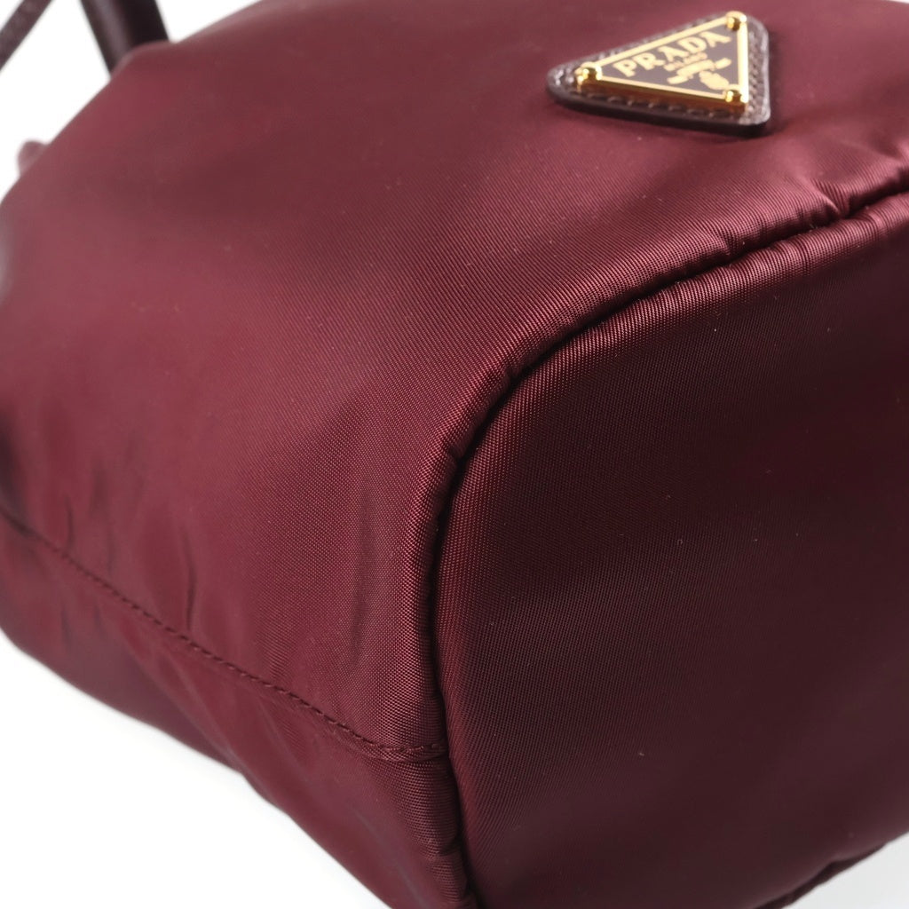 PRADA(プラダ) Re-Nylon トライアングルロゴ 巾着ポーチ ミニバッグ ボルドー ワインレッド レザー×ナイロン 1NS369 ゴールド金具 レディース