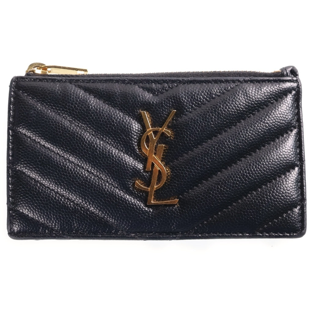 YVES SAINT LAURENT(イヴサンローラン) カサンドラ ロゴ フラグメントケース カードケース 小物入れ ブラック レザー ゴールド金具 レディース