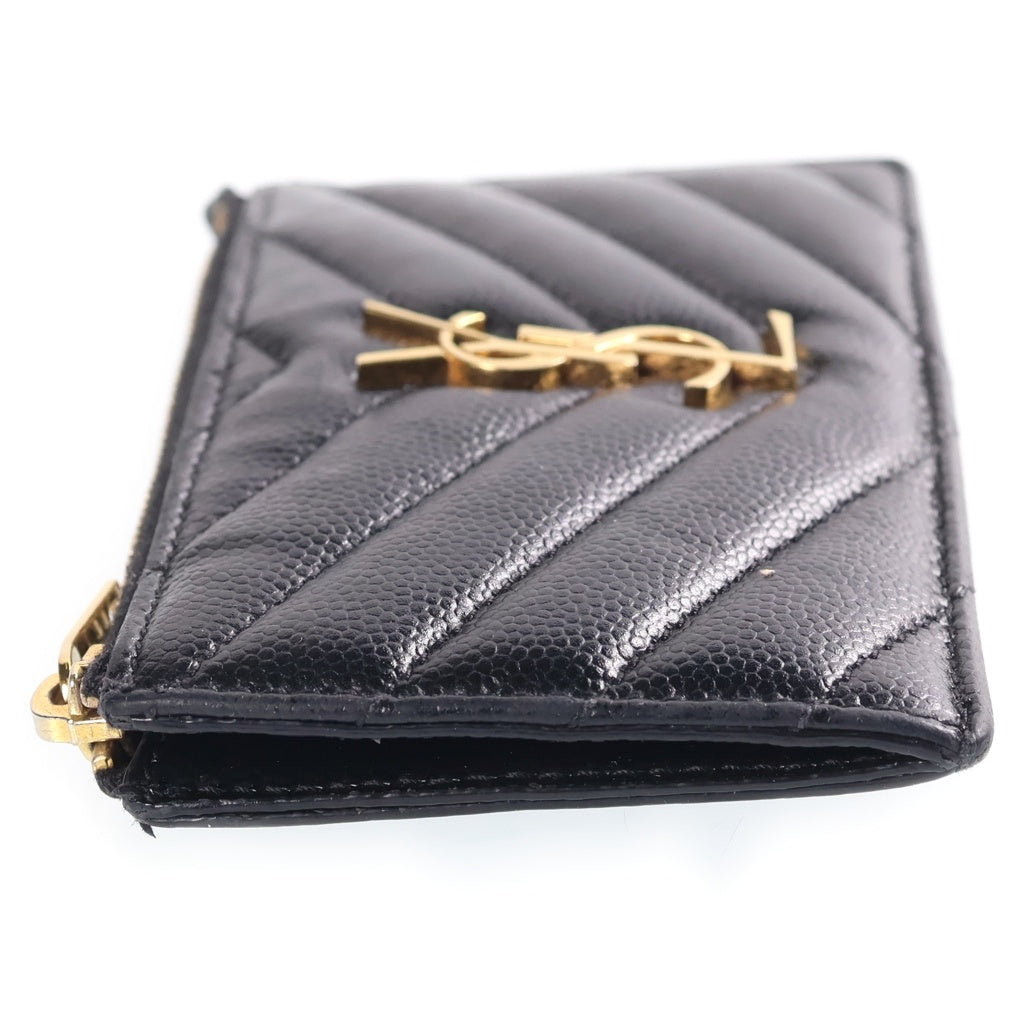 YVES SAINT LAURENT(イヴサンローラン) カサンドラ ロゴ フラグメントケース カードケース 小物入れ ブラック レザー ゴールド金具 レディース