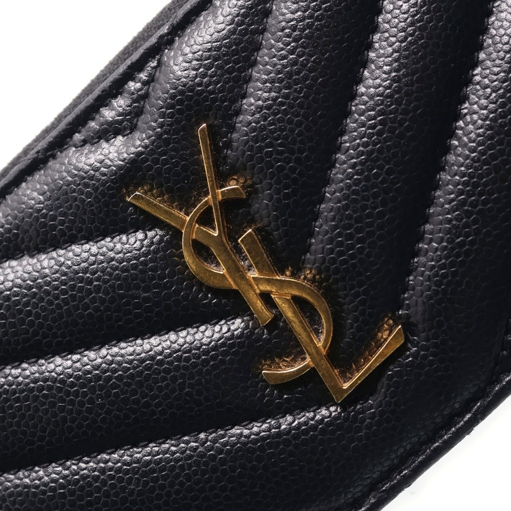 YVES SAINT LAURENT(イヴサンローラン) カサンドラ ロゴ フラグメントケース カードケース 小物入れ ブラック レザー ゴールド金具 レディース