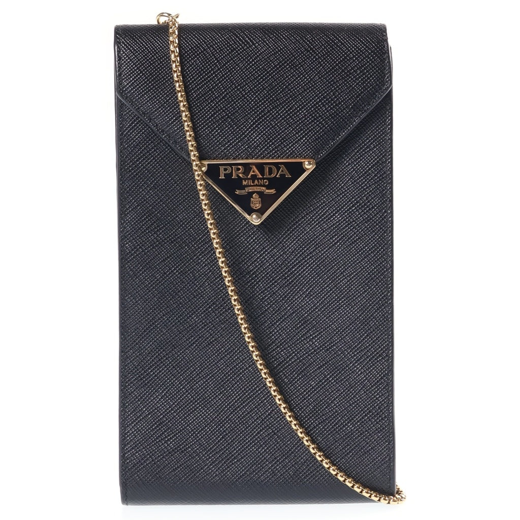 PRADA(プラダ) サフィアーノ スマホポーチ フォンショルダーバッグ チェーンミニバッグ ブラック レザー 1BP050 ゴールド金具 レディース