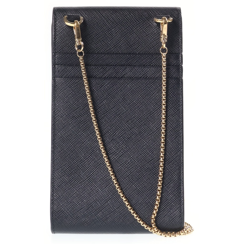 PRADA(プラダ) サフィアーノ スマホポーチ フォンショルダーバッグ チェーンミニバッグ ブラック レザー 1BP050 ゴールド金具 レディース