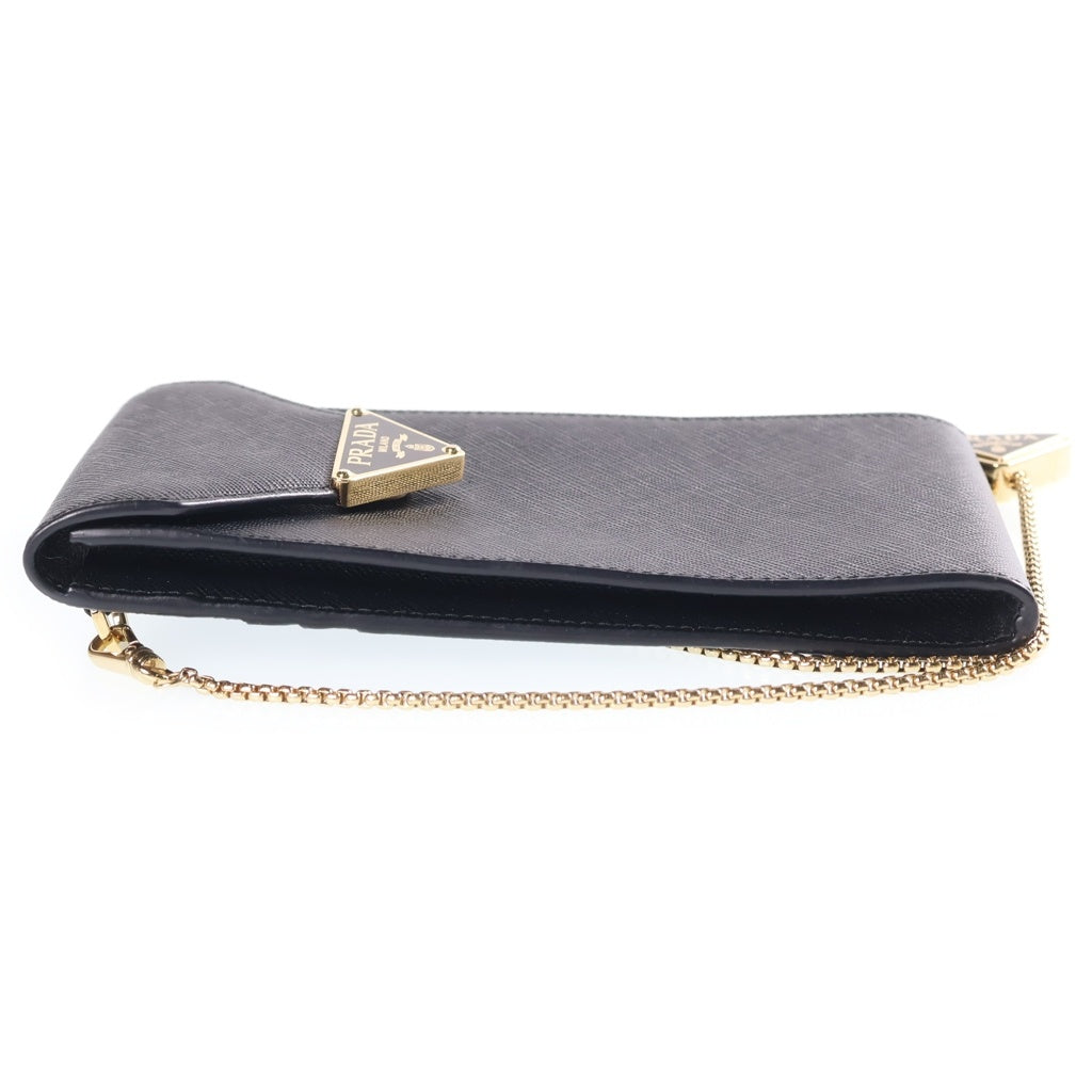 PRADA(プラダ) サフィアーノ スマホポーチ フォンショルダーバッグ チェーンミニバッグ ブラック レザー 1BP050 ゴールド金具 レディース