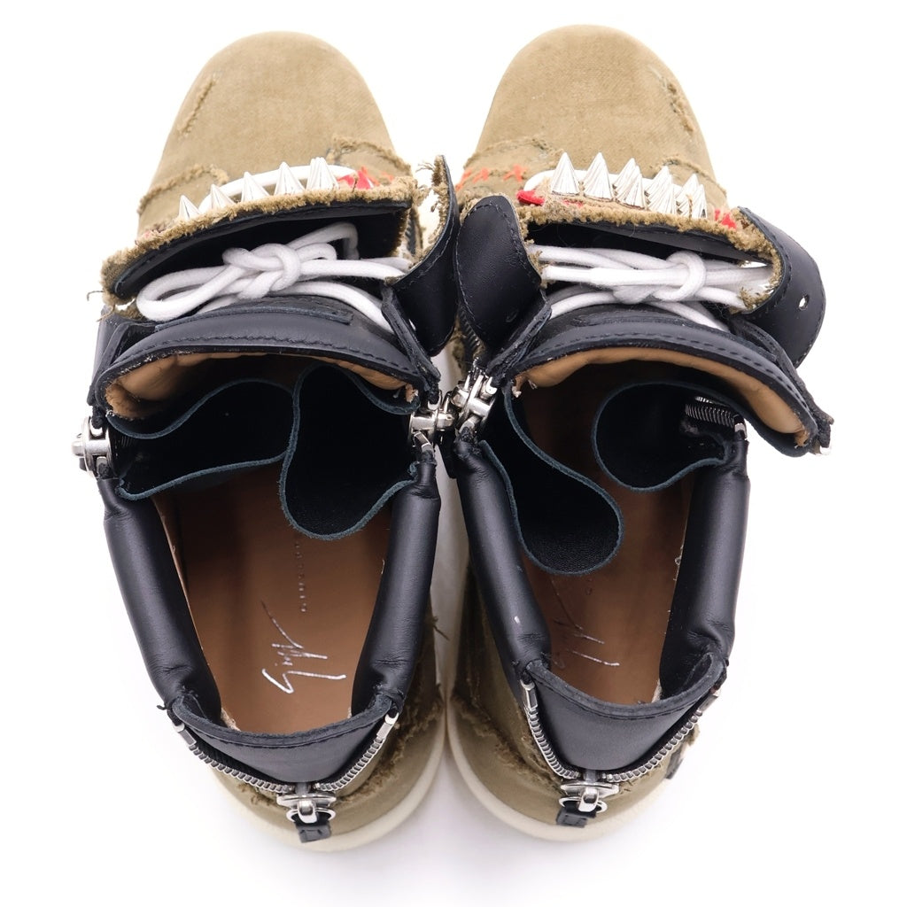 GIUSEPPE ZANOTTI(ジュゼッペ ザノッティ) スタッズ付き レザータン サイドジップ ハイカットスニーカー シューズ カーキ
