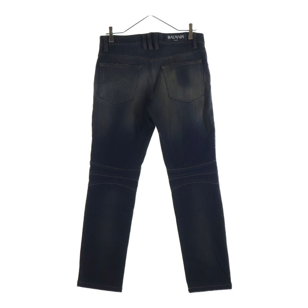 BALMAIN(バルマン) ダメージ加工 蛇腹バイカー デニムパンツ ジーンズ インディゴブラック W6HD551D502