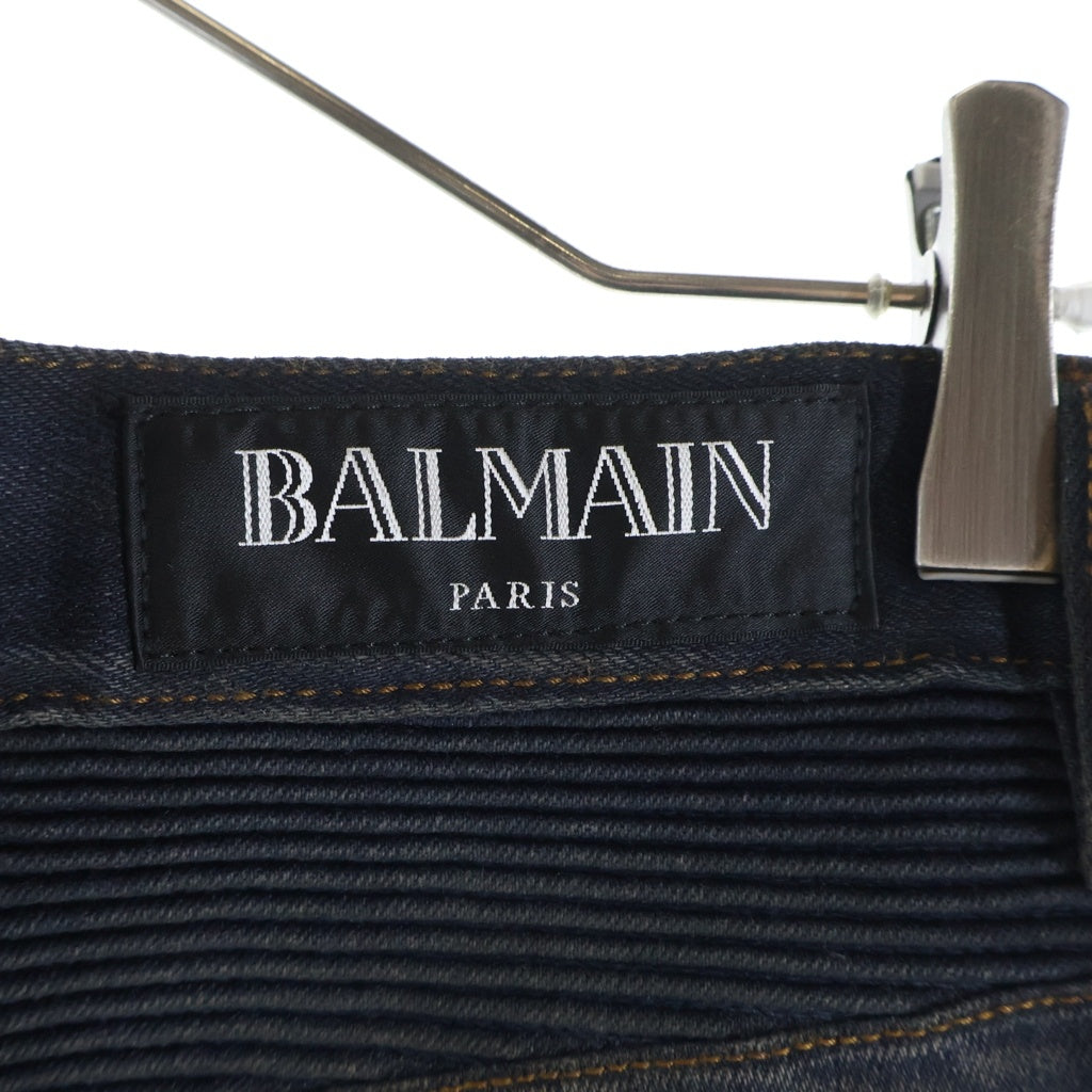 BALMAIN(バルマン) ダメージ加工 蛇腹バイカー デニムパンツ ジーンズ インディゴブラック W6HD551D502