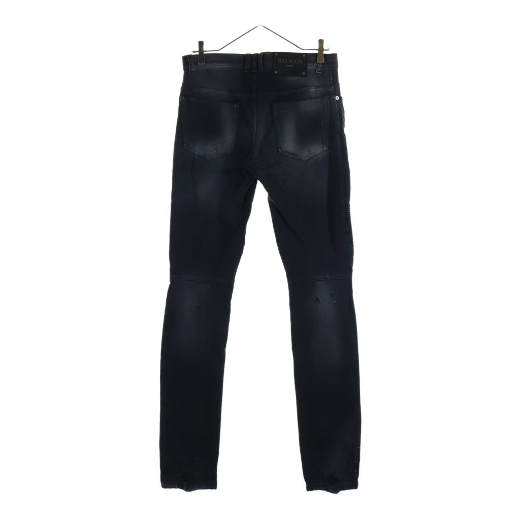 BALMAIN(バルマン) 18AW ダメージ加工 蛇腹バイカー デニムパンツ ジーンズ インディゴブラック W8H9130T138D