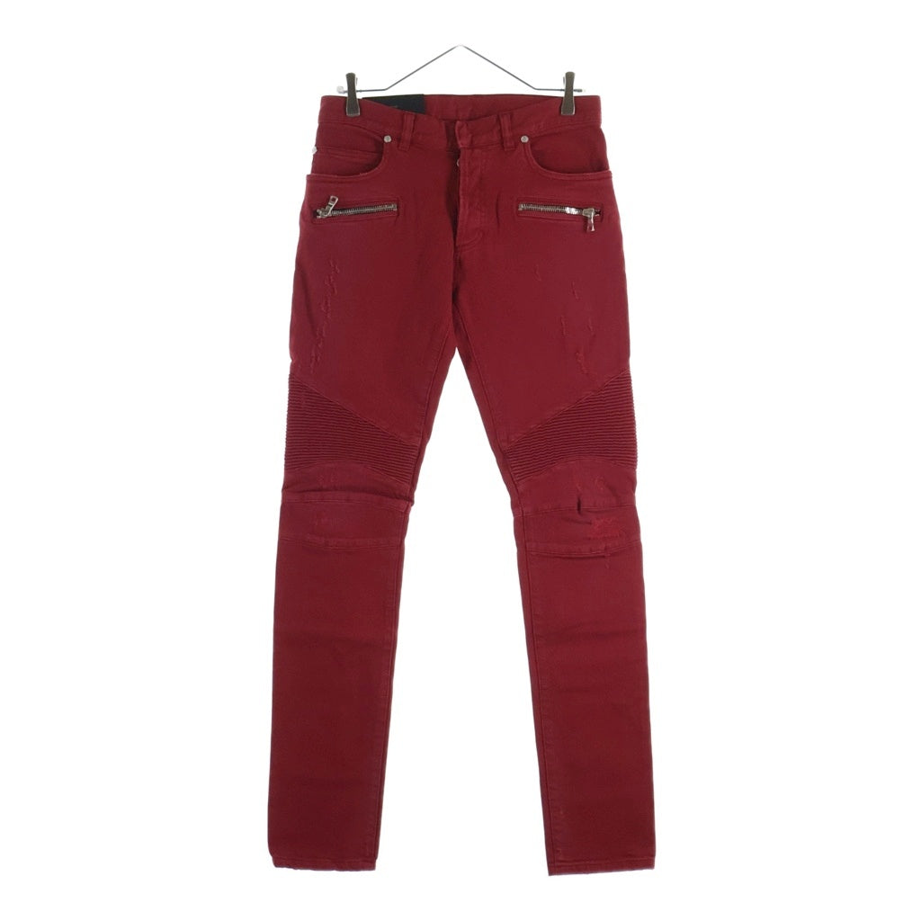 BALMAIN(バルマン) バイカー 蛇腹 ダメージ加工 スリム デニムパンツ ジーンズ レッド RH05130Z058