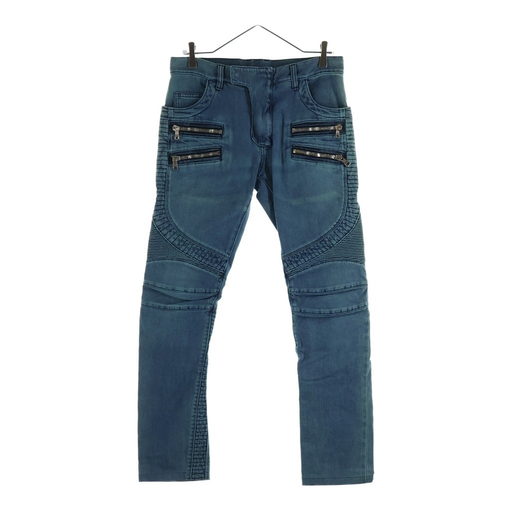 BALMAIN(バルマン) 蛇腹 ストレッチ スリム バイカー デニムパンツ ジップ装飾 S7H9502T014 ブルー