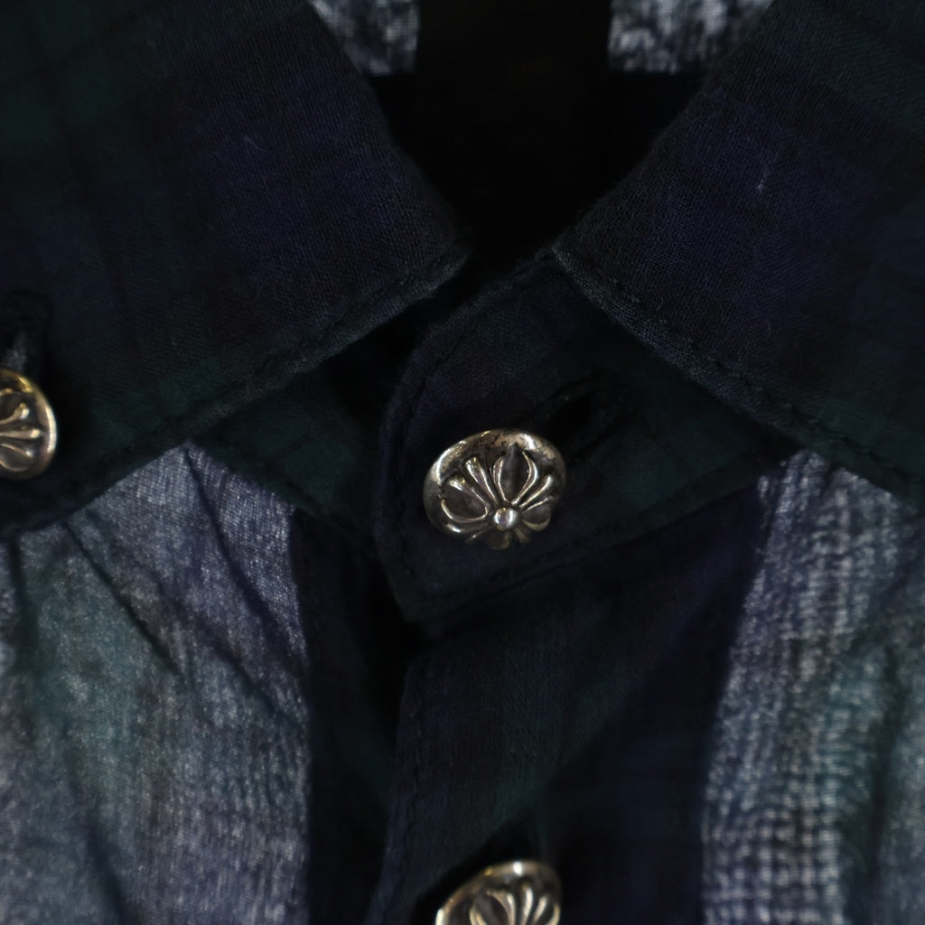 CHROME HEARTS(クロムハーツ) Y NOT ワイノット クロスボタン 半袖チェックシャツ JVP ネイビー/グリーン