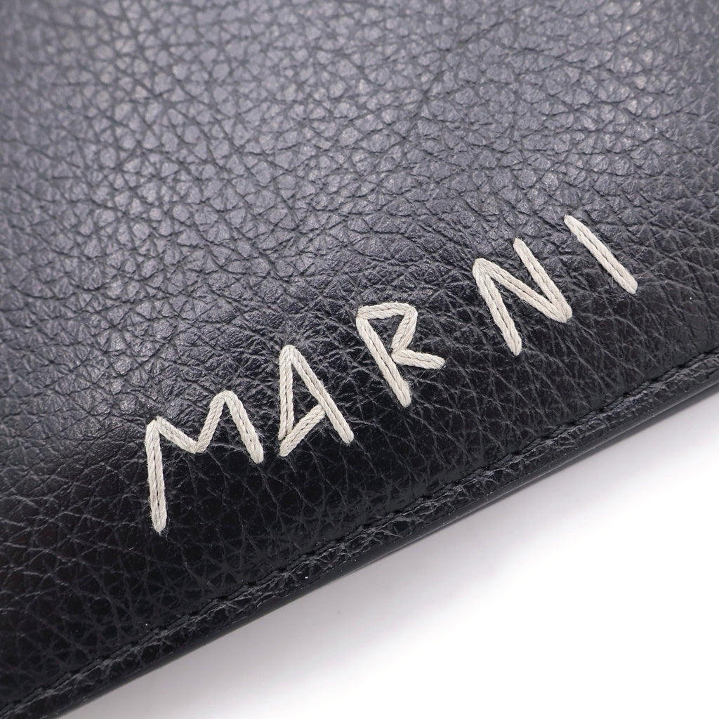 MARNI(マルニ) ロゴ刺繍 2つ折り財布 ミニウォレット ブラック レザー