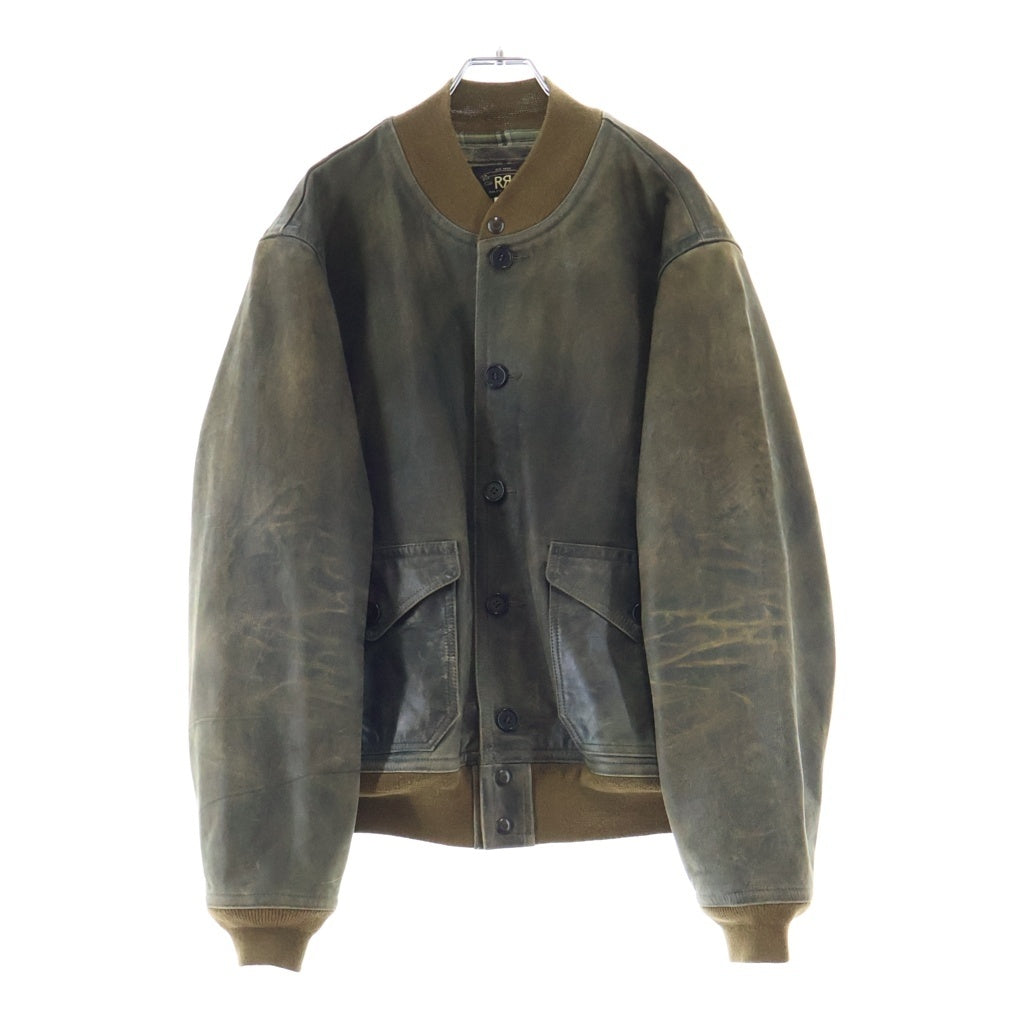 RRL(ダブルアールエル) 裏地チェック柄 レザーボンバージャケット フライトジャケット 0200013316 グリーン