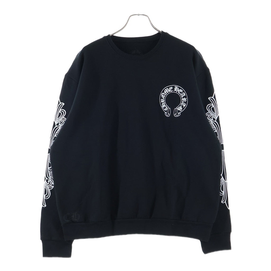 CHROME HEARTS(クロムハーツ) Horseshoe Crewneck Sweatshirt ホースシュープリント 袖フローラル クルーネックスウェットトレーナー ブラック
