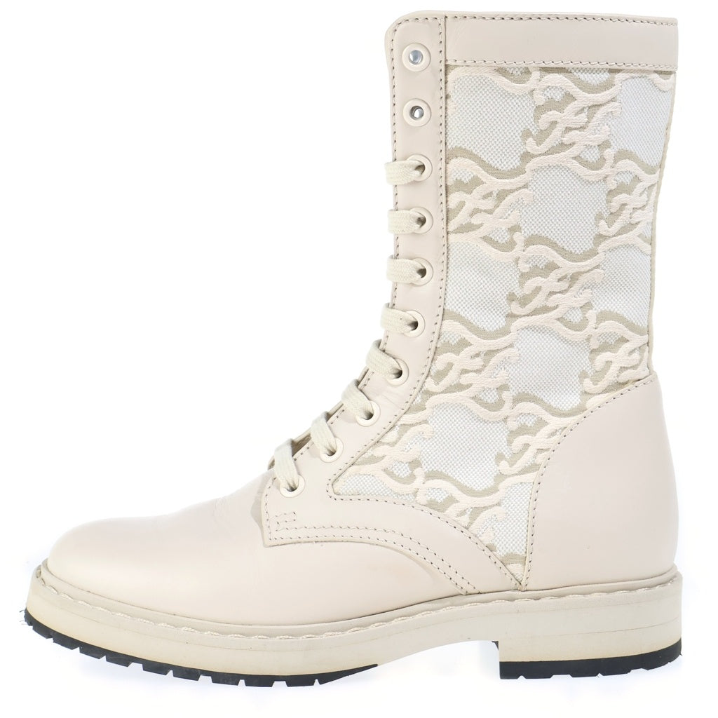 FENDI(フェンディ) Logo Canvas Lace Up Boots ロゴキャンバス レースアップ ブーツ ベージュ レディース