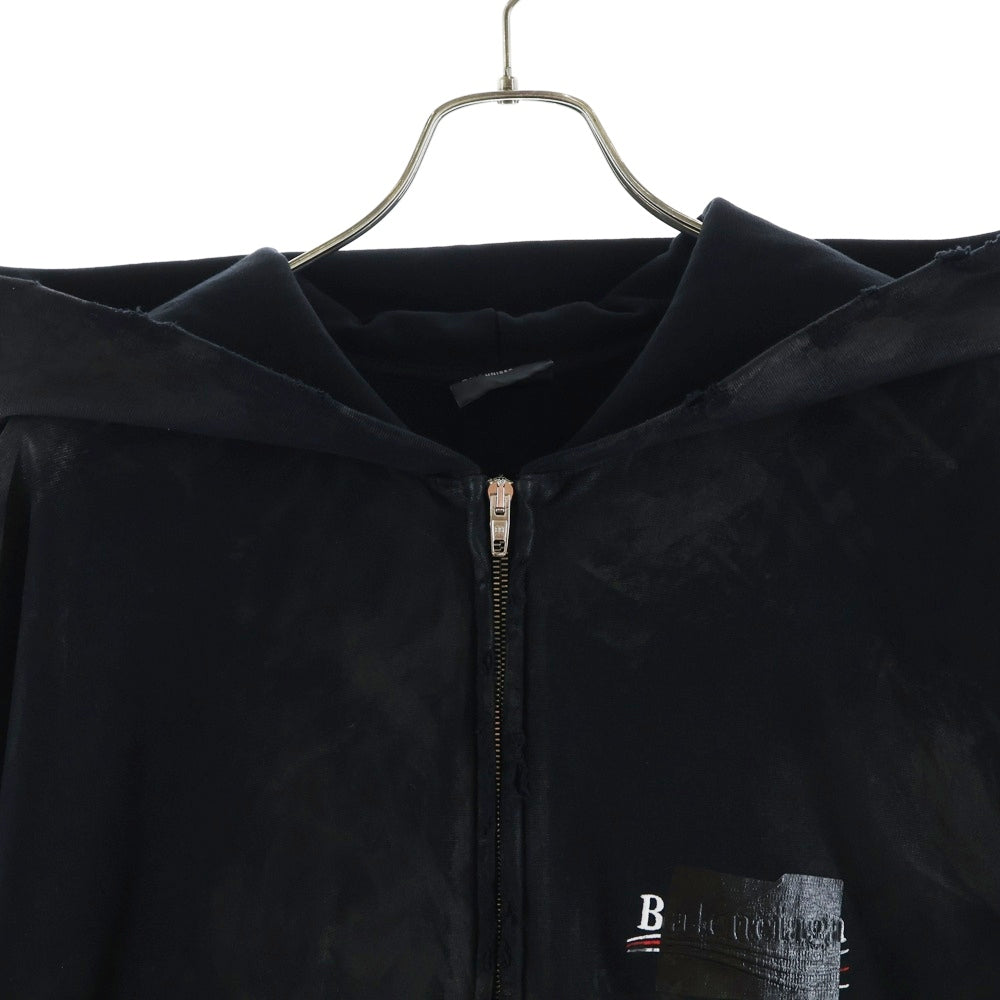 BALENCIAGA(バレンシアガ) Campaign Logo Zip Up Hoodie ダメージ加工ジップアップスウェットパーカー フーディー ブラック 720424 TNVK5