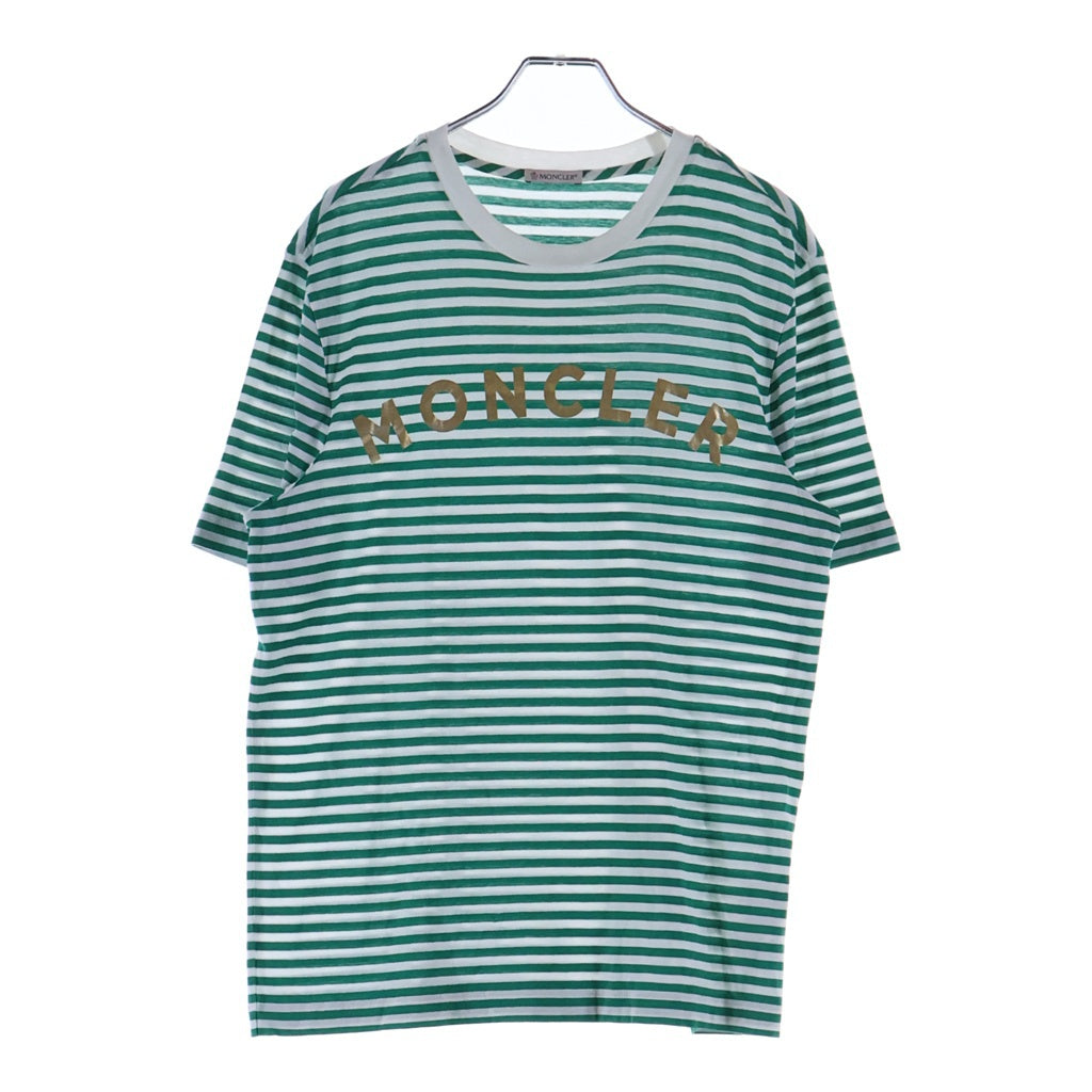 MONCLER(モンクレール) 21AW MAGLIA T-SHIRT マグリア メタリックロゴプリント ボーダー クルーネック半袖Tシャツ カットソー グリーン/ホワイト G10918C7E010