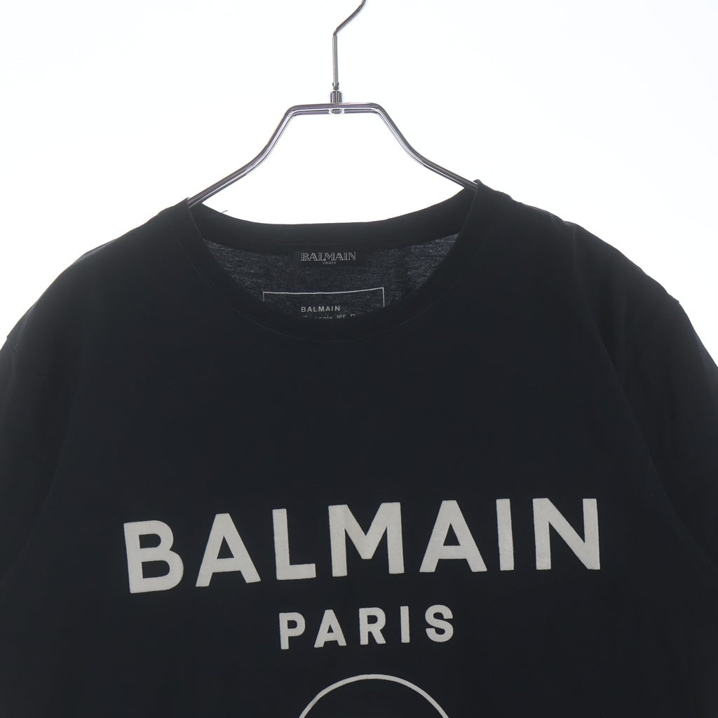BALMAIN(バルマン) ロゴフロッキープリント コットン 半袖Tシャツ カットソー ブラック